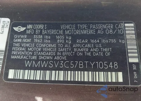 2011 Mini Cooper S z USA, uszkodzony, nr VIN WMWSV3C57BTY10548